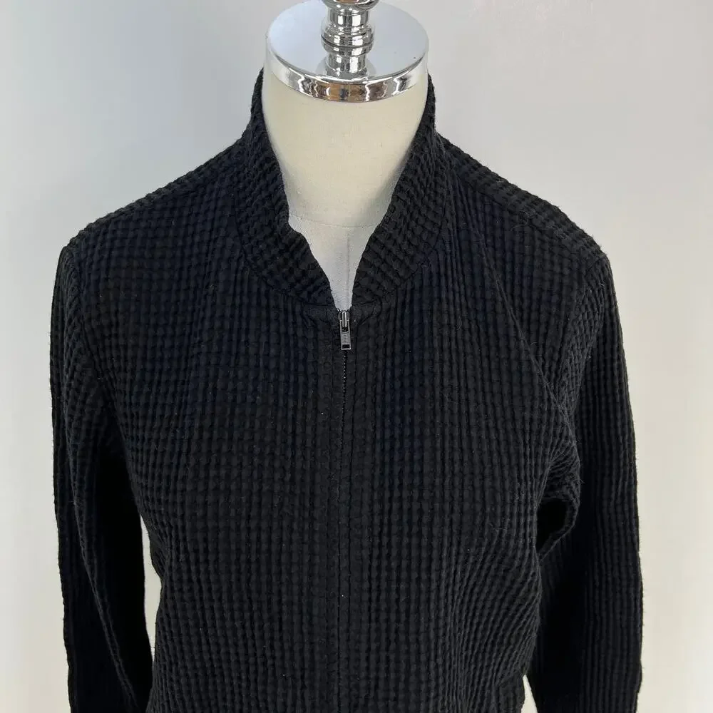 Eileen Fisher Waffle Texture Jacket Black Zip Front Long Sleeves Cardigan